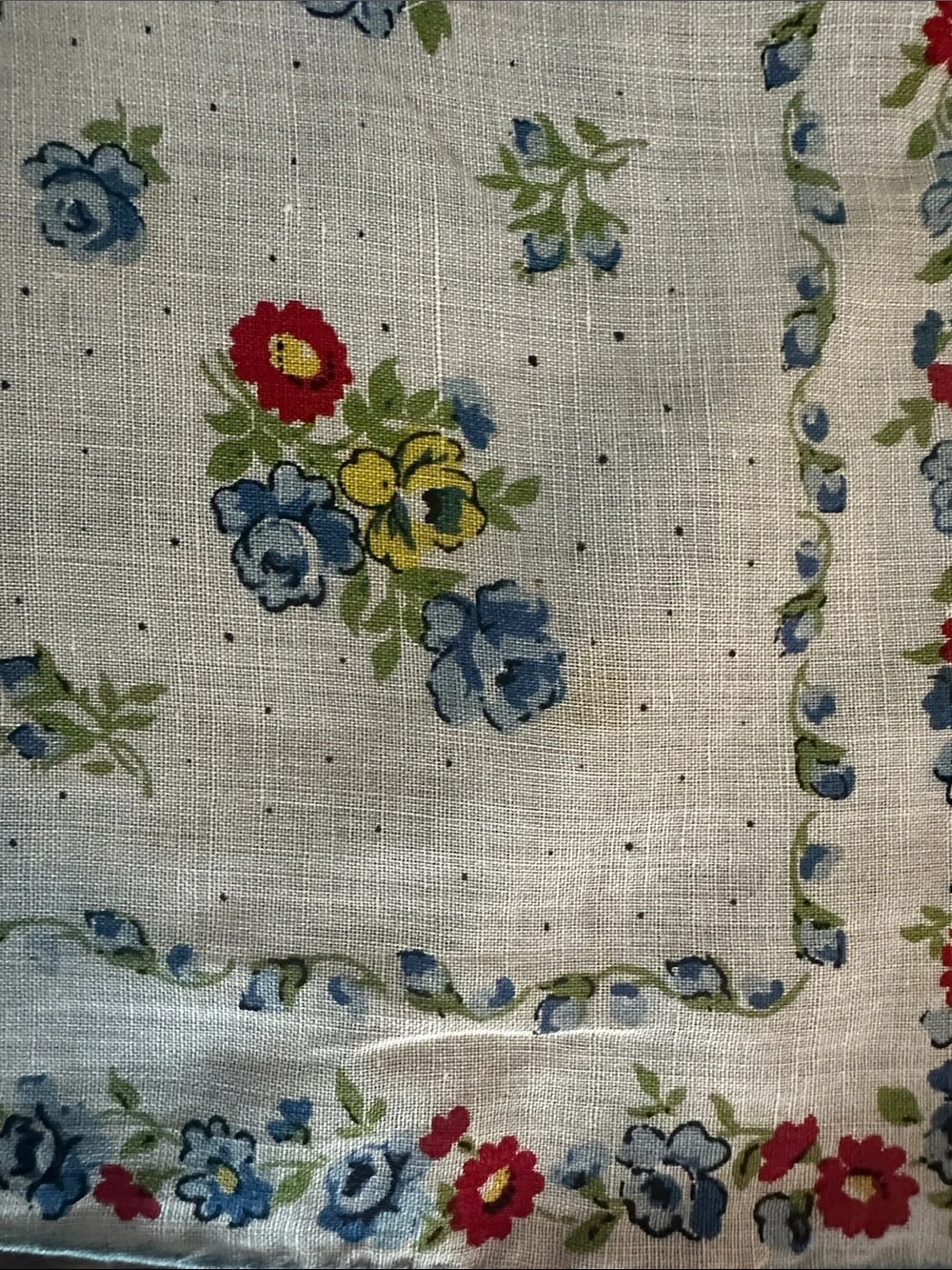 Vintage Floral Cotton Handkerchief with Blue Border